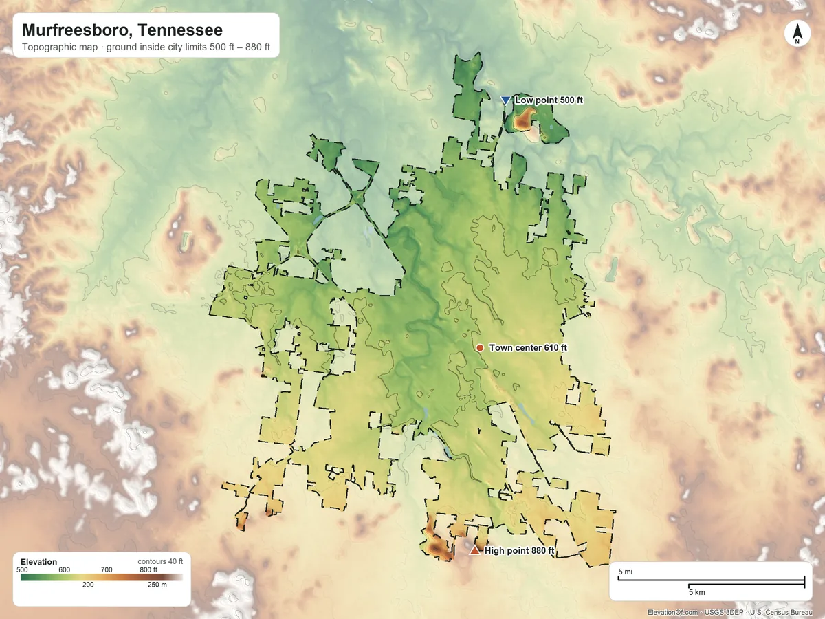 Topographic elevation map of Murfreesboro, Tennessee, shaded from 500 ft on the north side to 880 ft on Marshall Knobs
