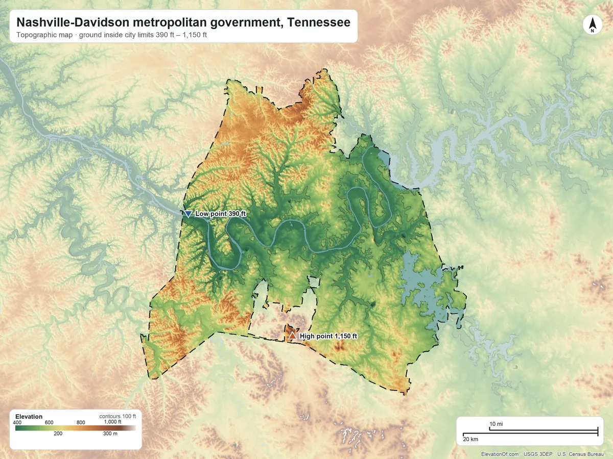 Topographic elevation map of Nashville-Davidson metropolitan government, Tennessee, shaded from 390 ft on the west side to 1,150 ft on the southwest side