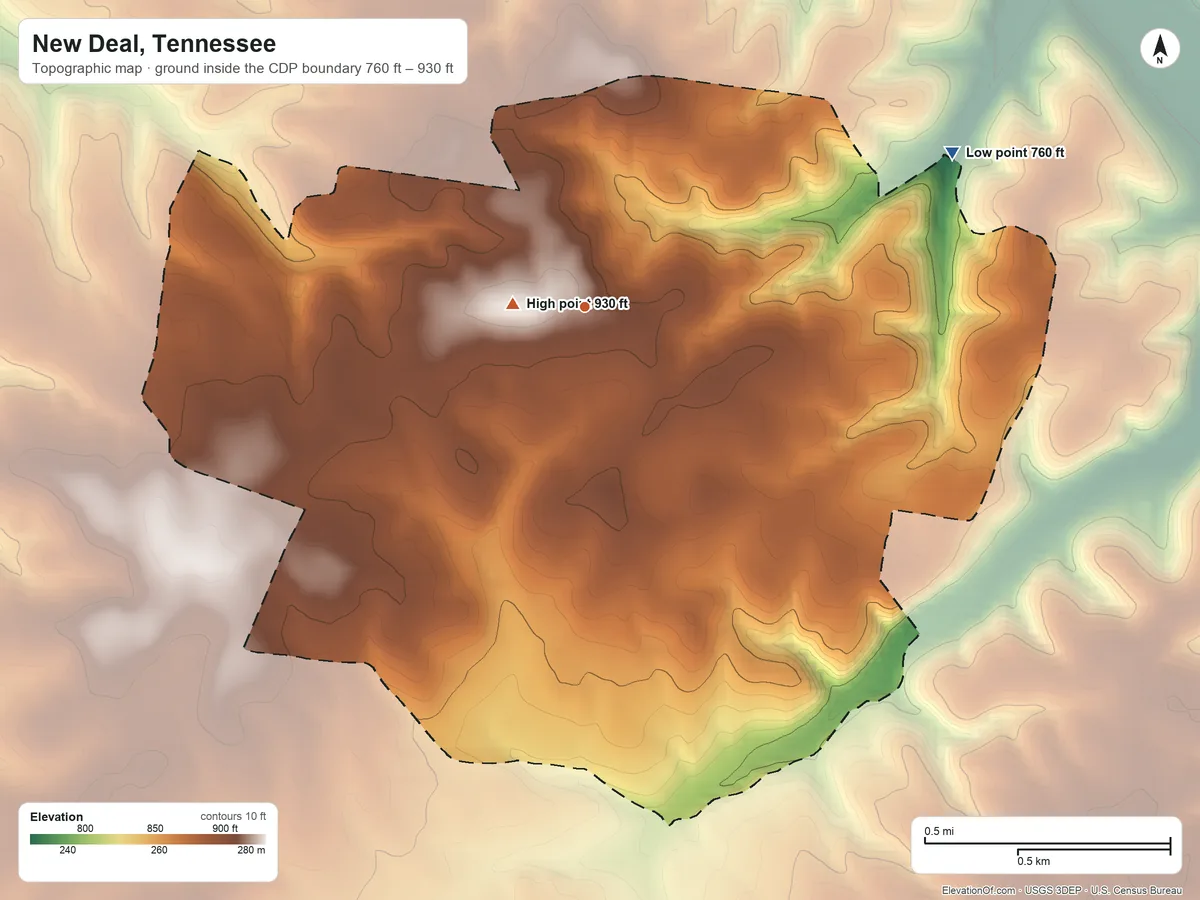 Topographic elevation map of New Deal, Tennessee, shaded from 760 ft on the northeast side to 930 ft near the middle