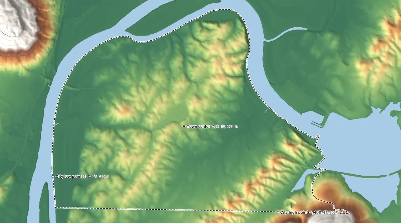 Topographic elevation map of New Hope, Tennessee, shaded from 600 ft on the west side to 1,150 ft on the southeast edge, below higher ground just outside
