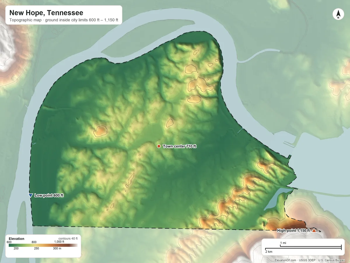 Topographic elevation map of New Hope, Tennessee, shaded from 600 ft on the west side to 1,150 ft on the southeast edge, below higher ground just outside