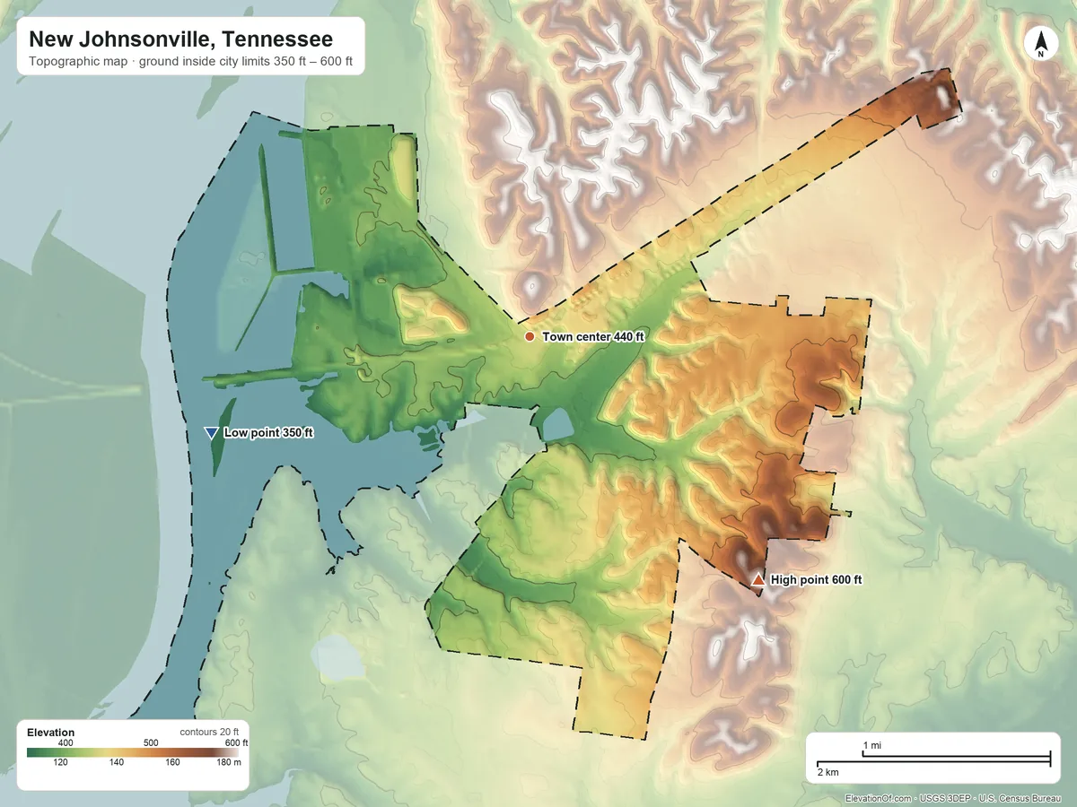 Topographic elevation map of New Johnsonville, Tennessee, shaded from 350 ft on the west side to 600 ft on the southeast side