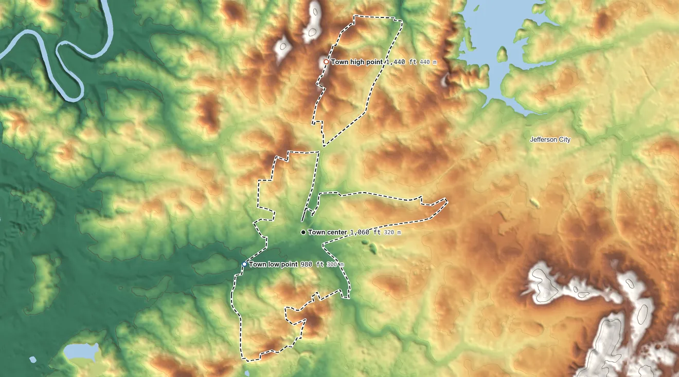 Topographic elevation map of New Market, Tennessee, shaded from 980 ft on the southwest side to 1,440 ft on the north side