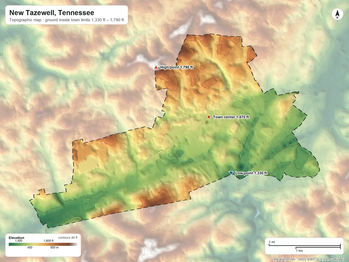 Topographic elevation map of New Tazewell, Tennessee, shaded from 1,330 ft on the south side to 1,790 ft on the northwest side