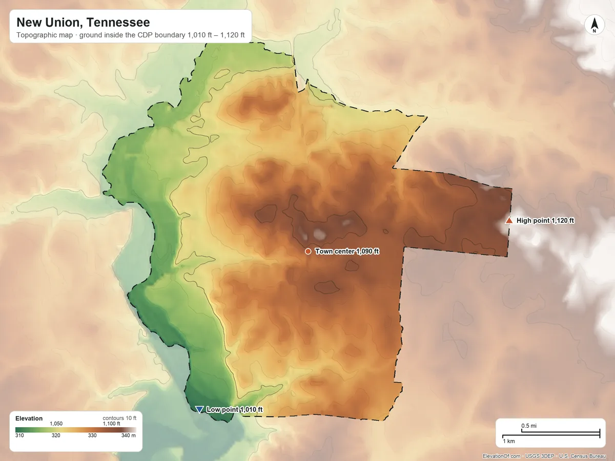 Topographic elevation map of New Union, Tennessee, shaded from 1,010 ft on the southwest side to 1,120 ft on the east side