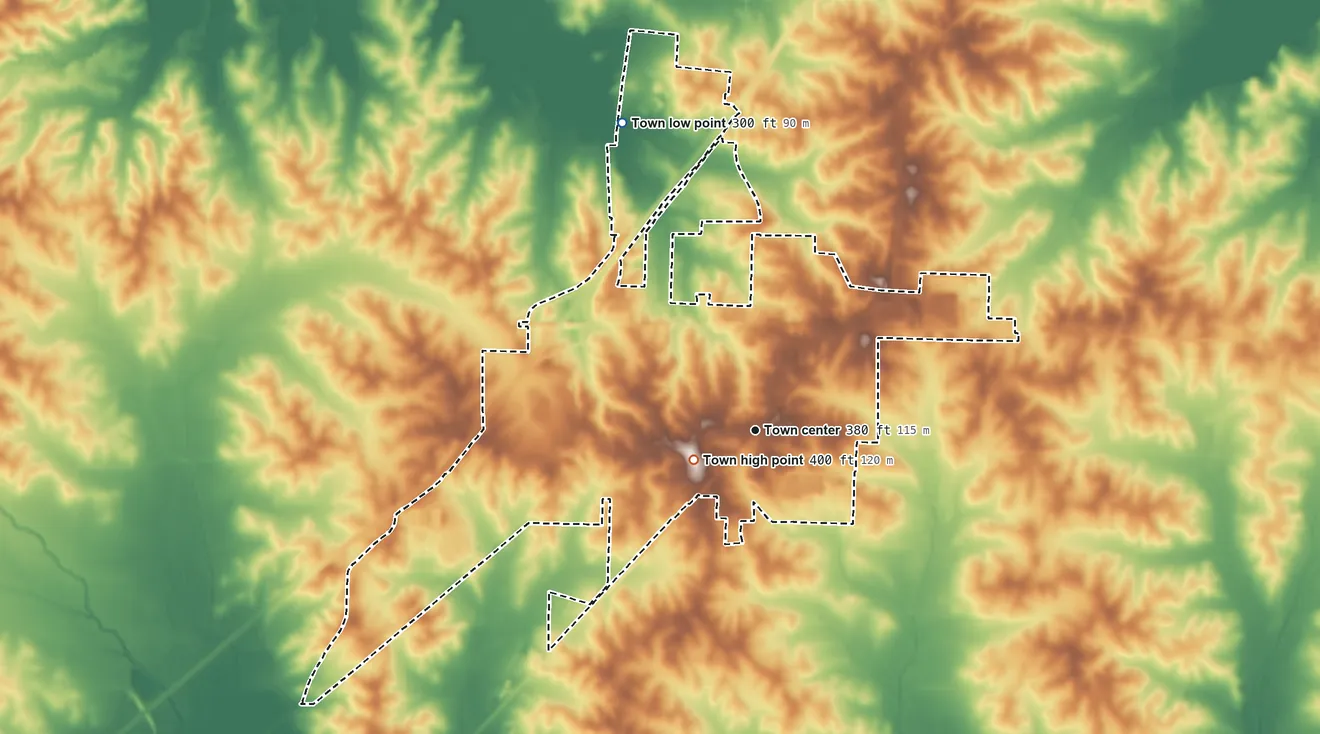 Topographic elevation map of Newbern, Tennessee, shaded from 300 ft on the northwest side to 400 ft near the middle