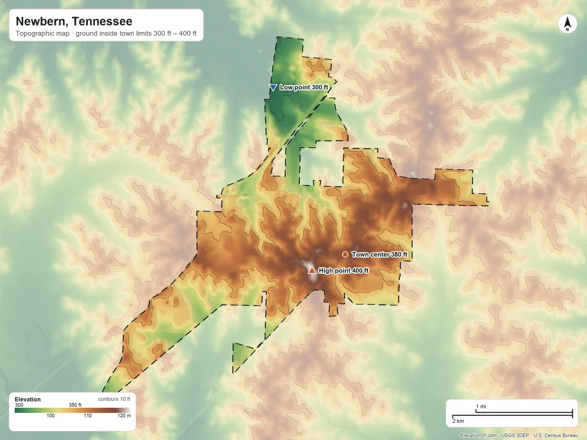 Topographic elevation map of Newbern, Tennessee, shaded from 300 ft on the northwest side to 400 ft near the middle