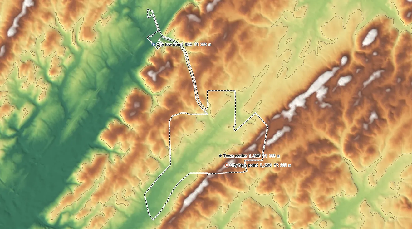 Topographic elevation map of Niota, Tennessee, shaded from 880 ft on the northwest side to 1,200 ft near the middle