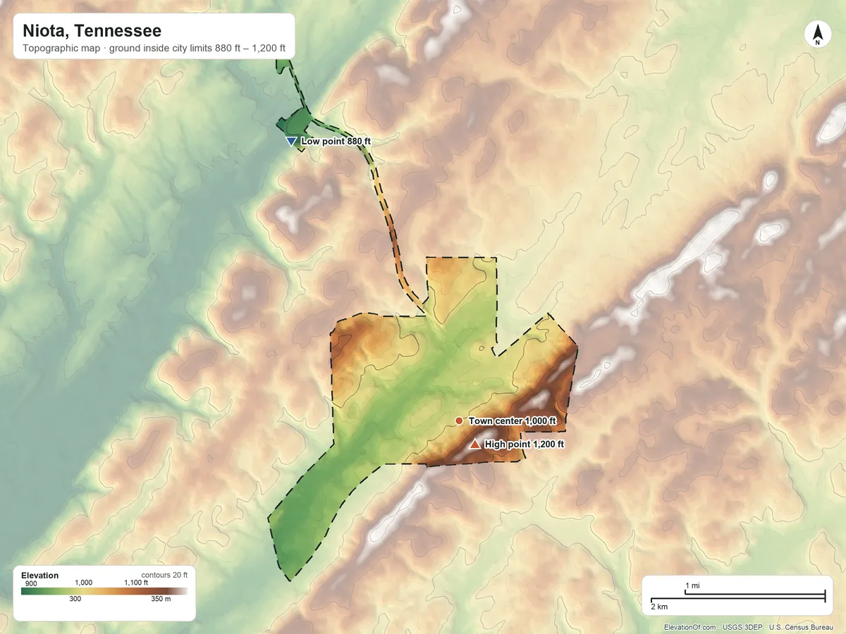 Topographic elevation map of Niota, Tennessee, shaded from 880 ft on the northwest side to 1,200 ft near the middle