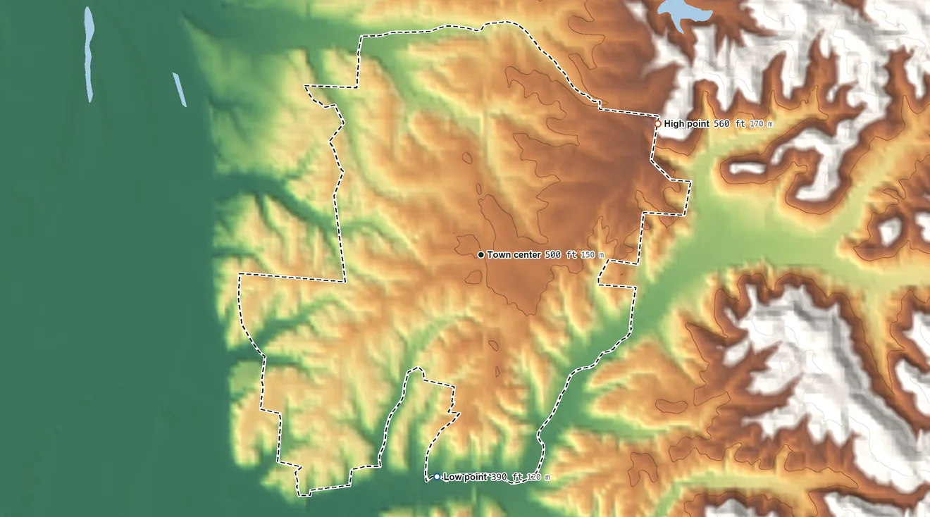 Topographic elevation map of Nixon, Tennessee, shaded from 390 ft on the south side to 560 ft on the northeast side