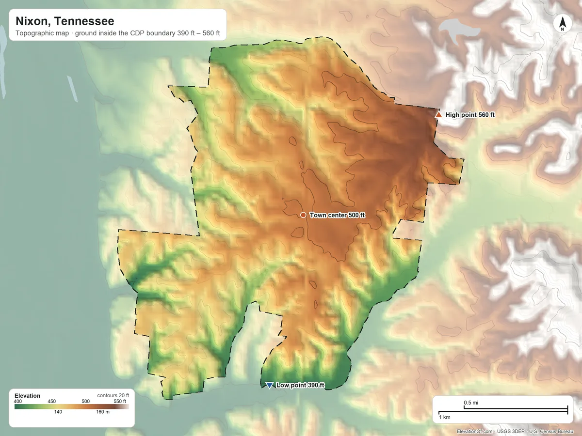 Topographic elevation map of Nixon, Tennessee, shaded from 390 ft on the south side to 560 ft on the northeast side