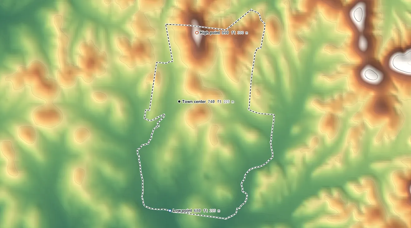 Topographic elevation map of Norene, Tennessee, shaded from 680 ft on the south side to 990 ft on the north side