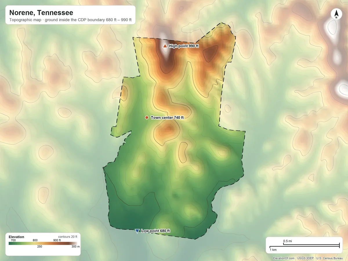 Topographic elevation map of Norene, Tennessee, shaded from 680 ft on the south side to 990 ft on the north side