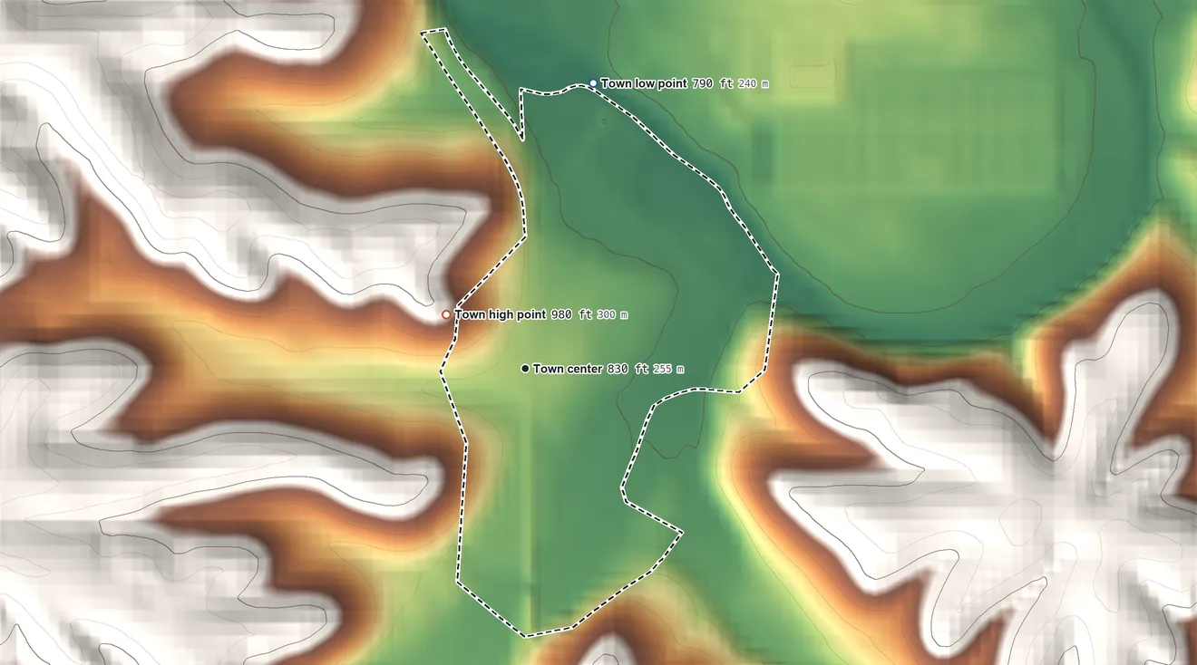 Topographic elevation map of Normandy, Tennessee, shaded from 790 ft on the north side to 980 ft on the northwest side