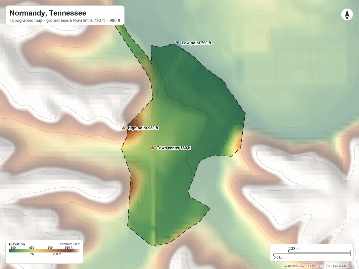 Topographic elevation map of Normandy, Tennessee, shaded from 790 ft on the north side to 980 ft on the northwest side