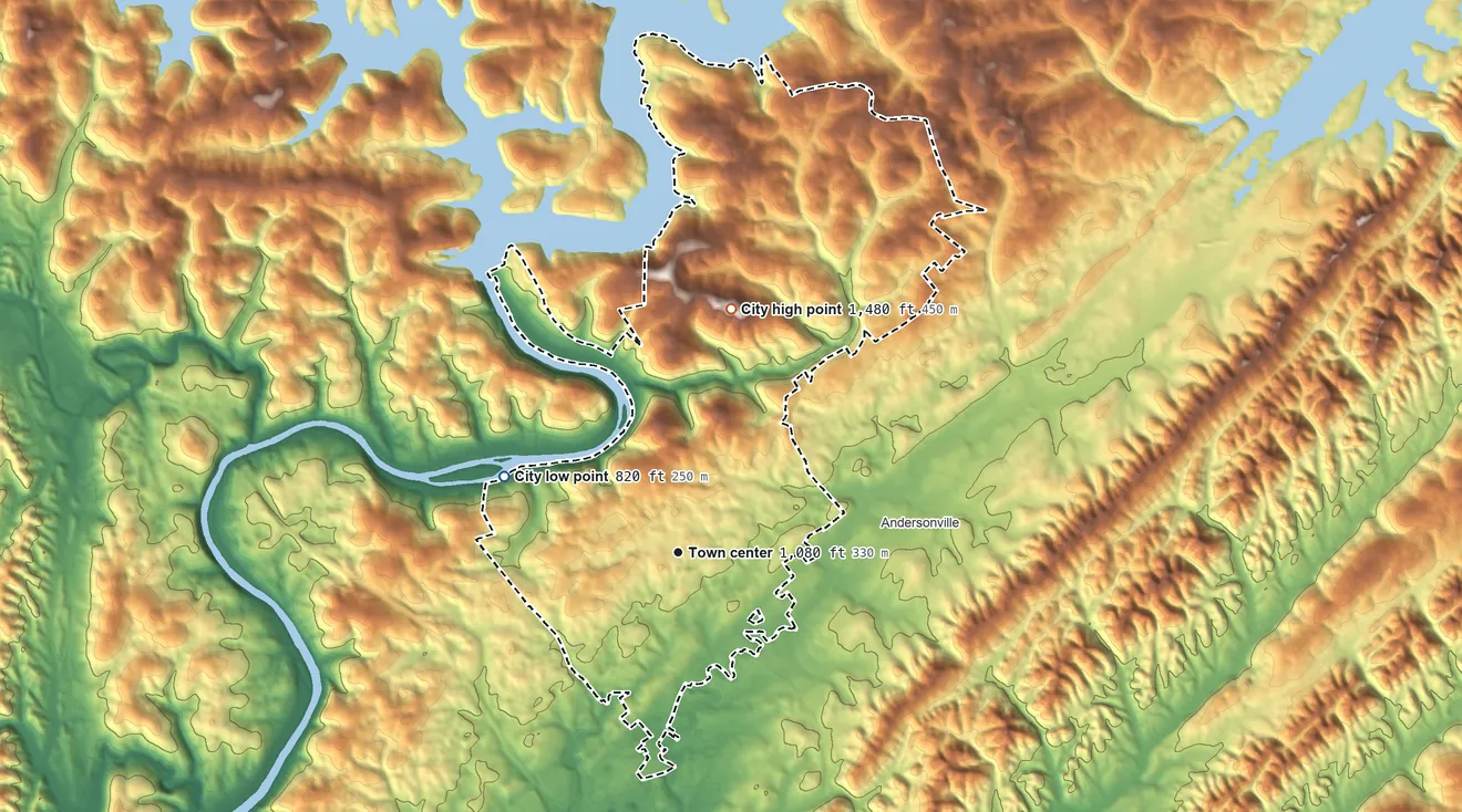 Topographic elevation map of Norris, Tennessee, shaded from 820 ft on the northwest side to 1,480 ft on the north side
