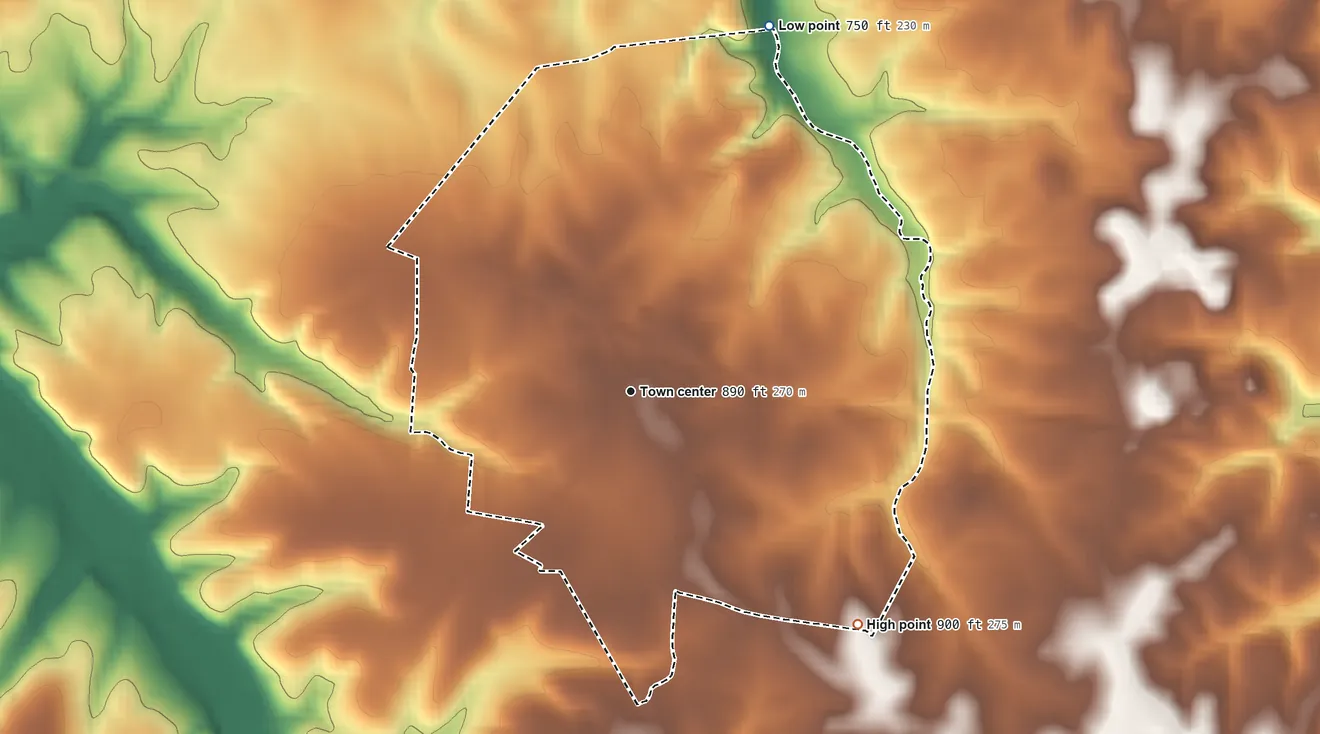 Topographic elevation map of Oak Grove, Sumner County, Tennessee, shaded from 750 ft on the north side to 900 ft on the southeast side