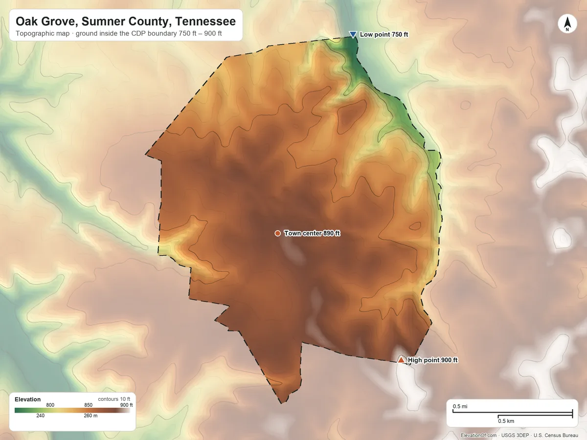 Topographic elevation map of Oak Grove, Sumner County, Tennessee, shaded from 750 ft on the north side to 900 ft on the southeast side