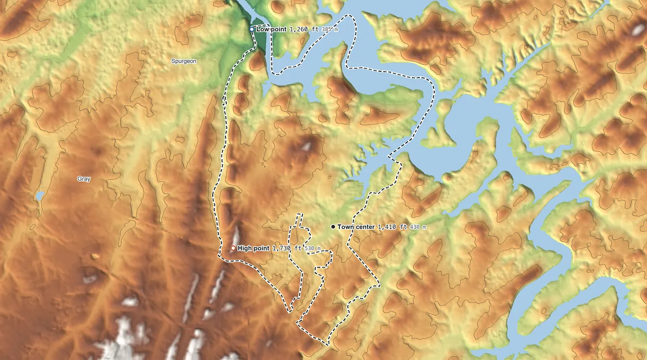 Topographic elevation map of Oak Grove, Tennessee, shaded from 1,260 ft on the north side to 1,730 ft on the west side