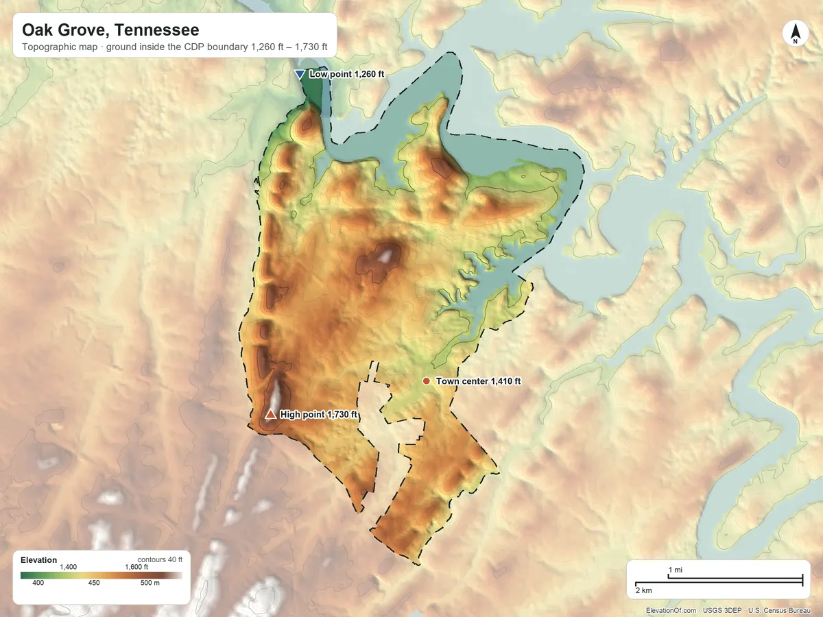Topographic elevation map of Oak Grove, Tennessee, shaded from 1,260 ft on the north side to 1,730 ft on the west side