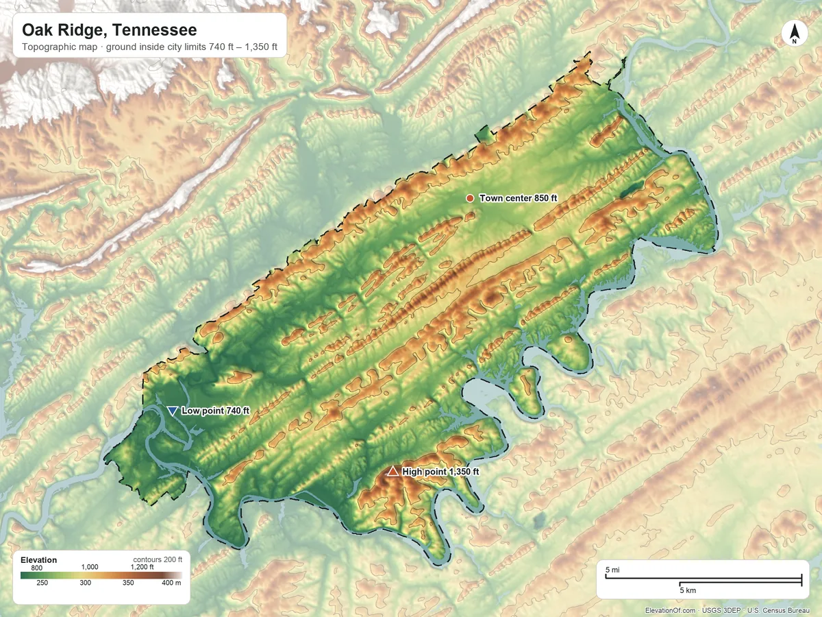 Topographic elevation map of Oak Ridge, Tennessee, shaded from 740 ft on the southwest side to 1,350 ft on Melton Hill