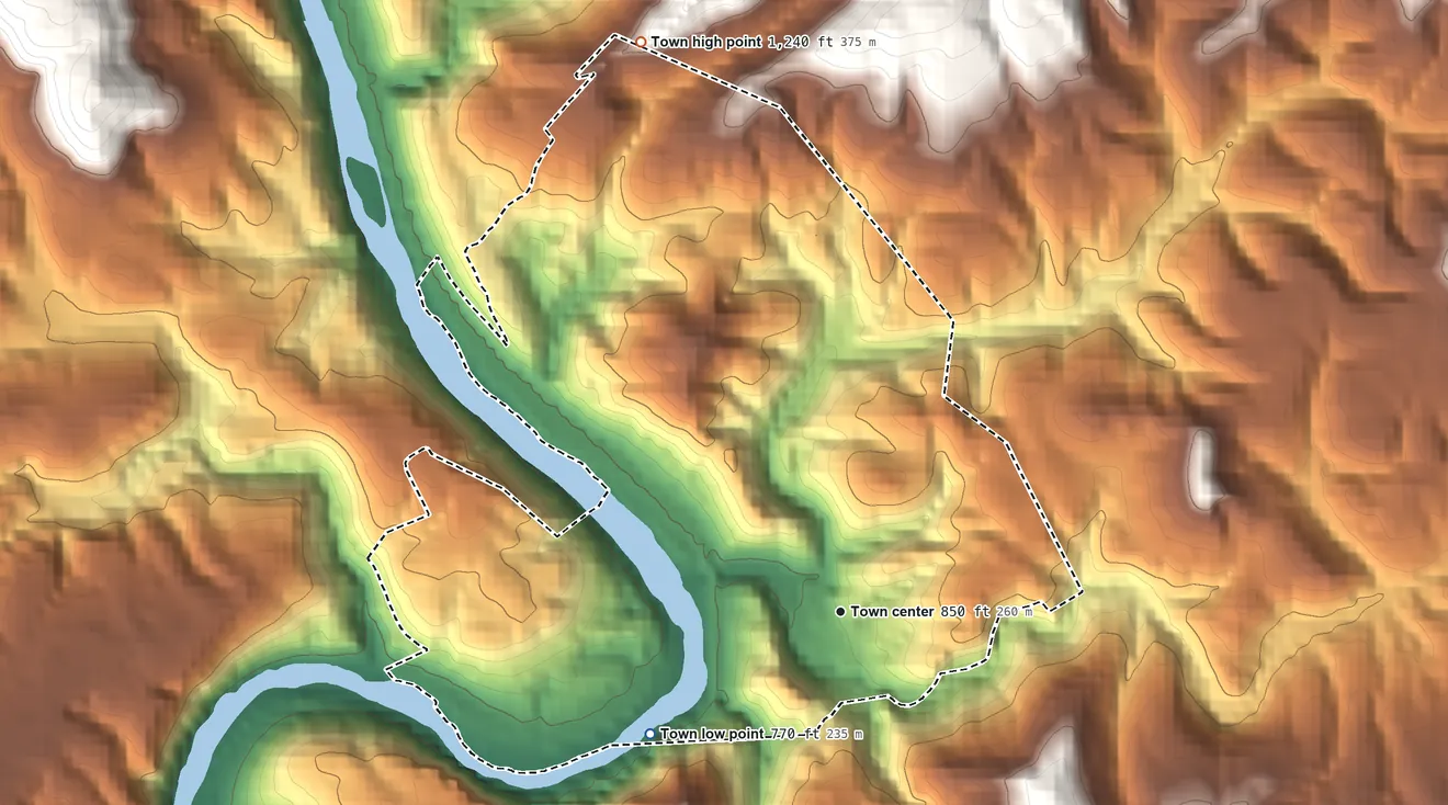 Topographic elevation map of Oakdale, Tennessee, shaded from 770 ft on the southwest side to 1,240 ft at the foot of the River Knobs