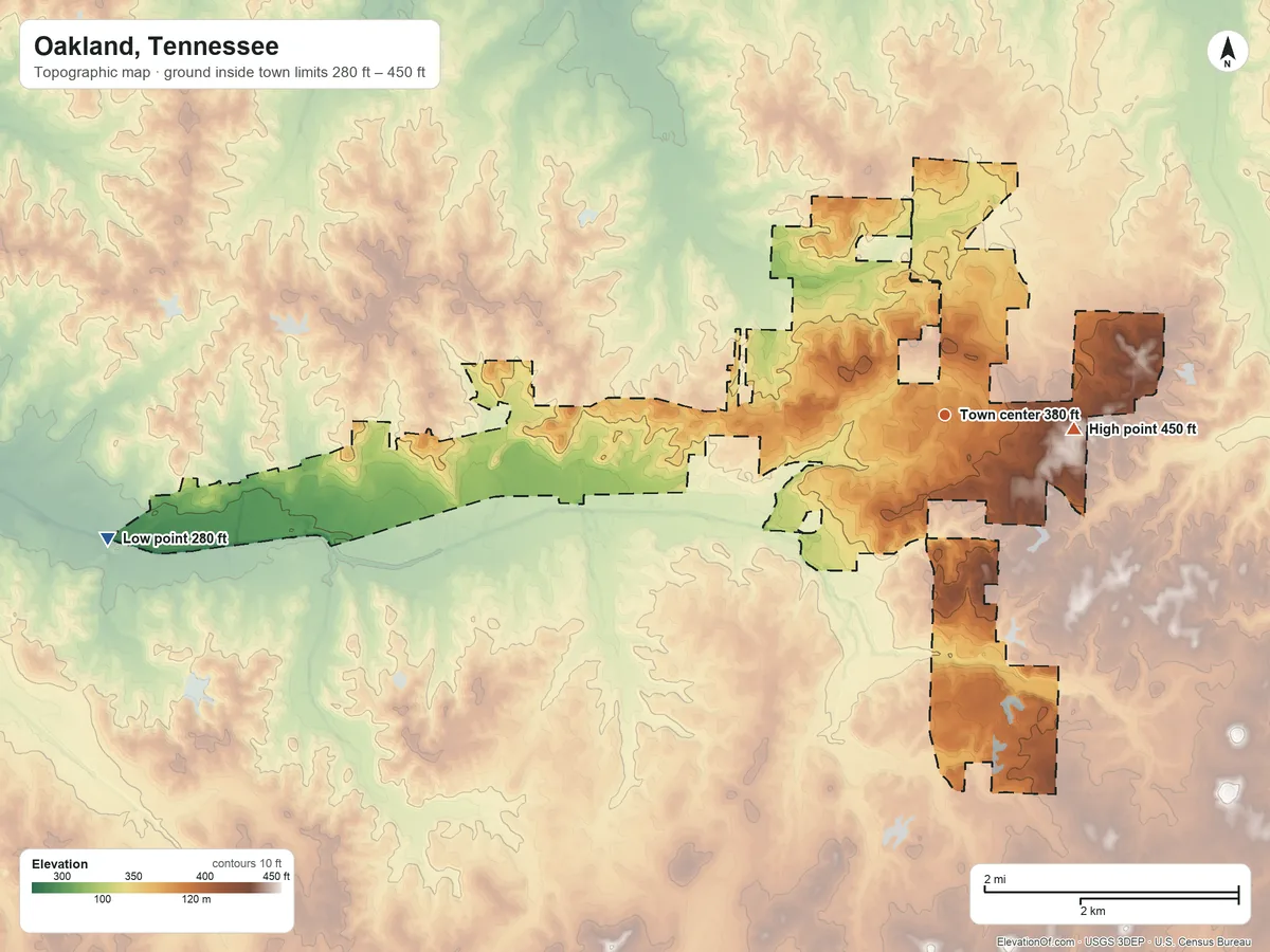 Topographic elevation map of Oakland, Tennessee, shaded from 280 ft on the west side to 450 ft on the east side