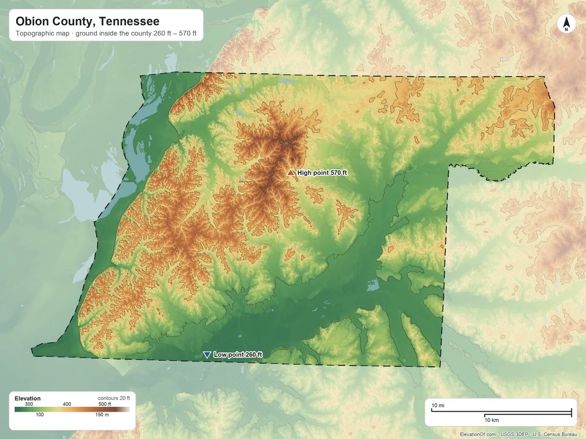 Topographic elevation map of Obion County, Tennessee, shaded from 260 ft on the southwest side to 570 ft near the middle