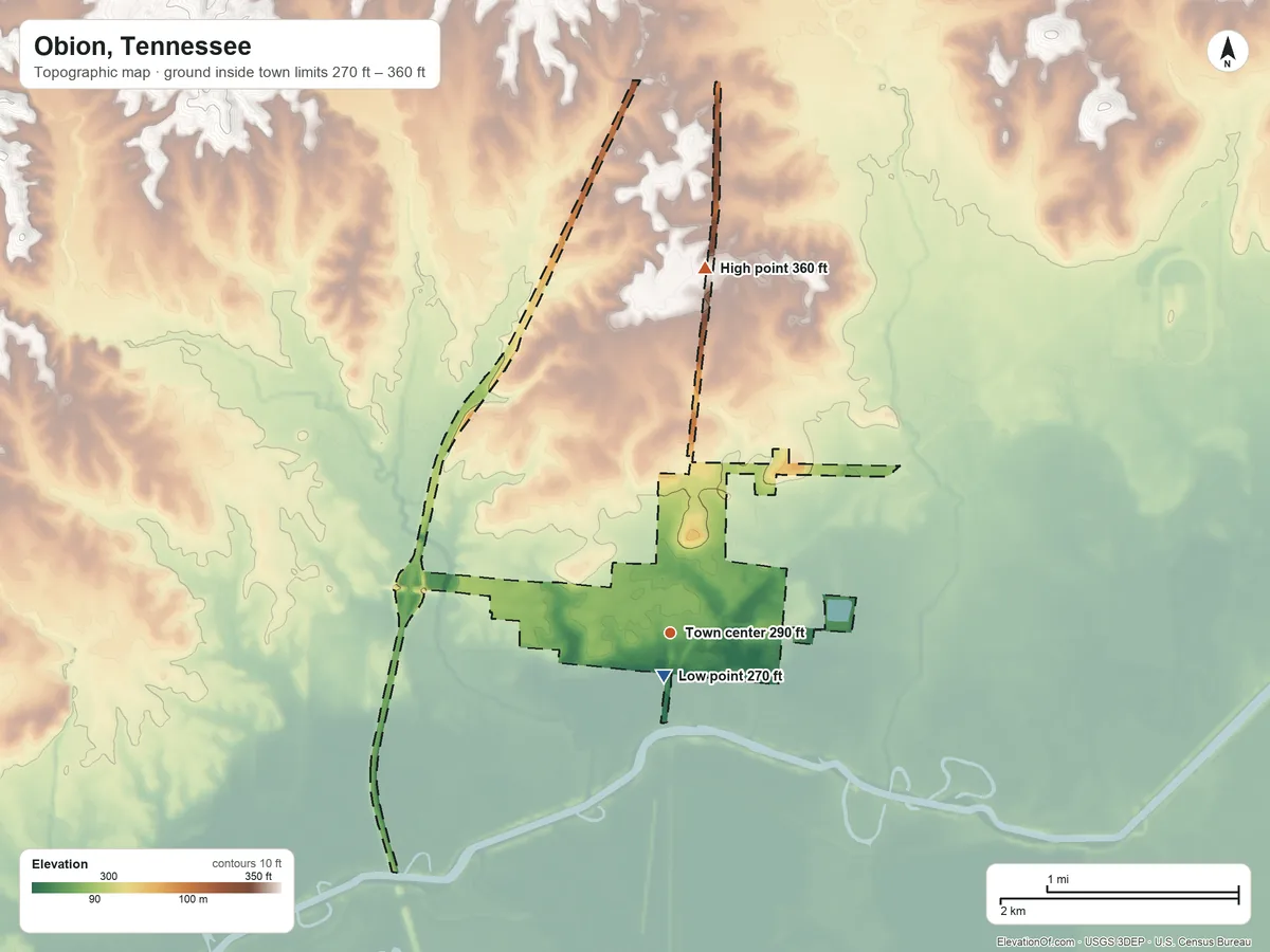 Topographic elevation map of Obion, Tennessee, shaded from 270 ft near the middle to 360 ft on the north side