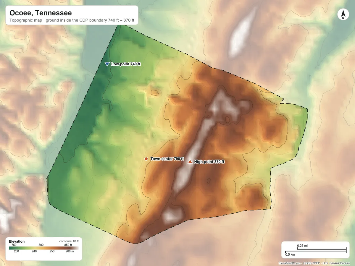 Topographic elevation map of Ocoee, Tennessee, shaded from 740 ft on the north side to 870 ft on the east side