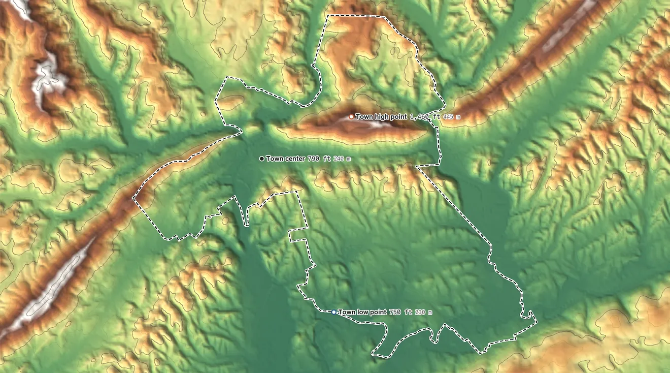 Topographic elevation map of Oliver Springs, Tennessee, shaded from 750 ft on the southeast side to 1,460 ft on the northeast side