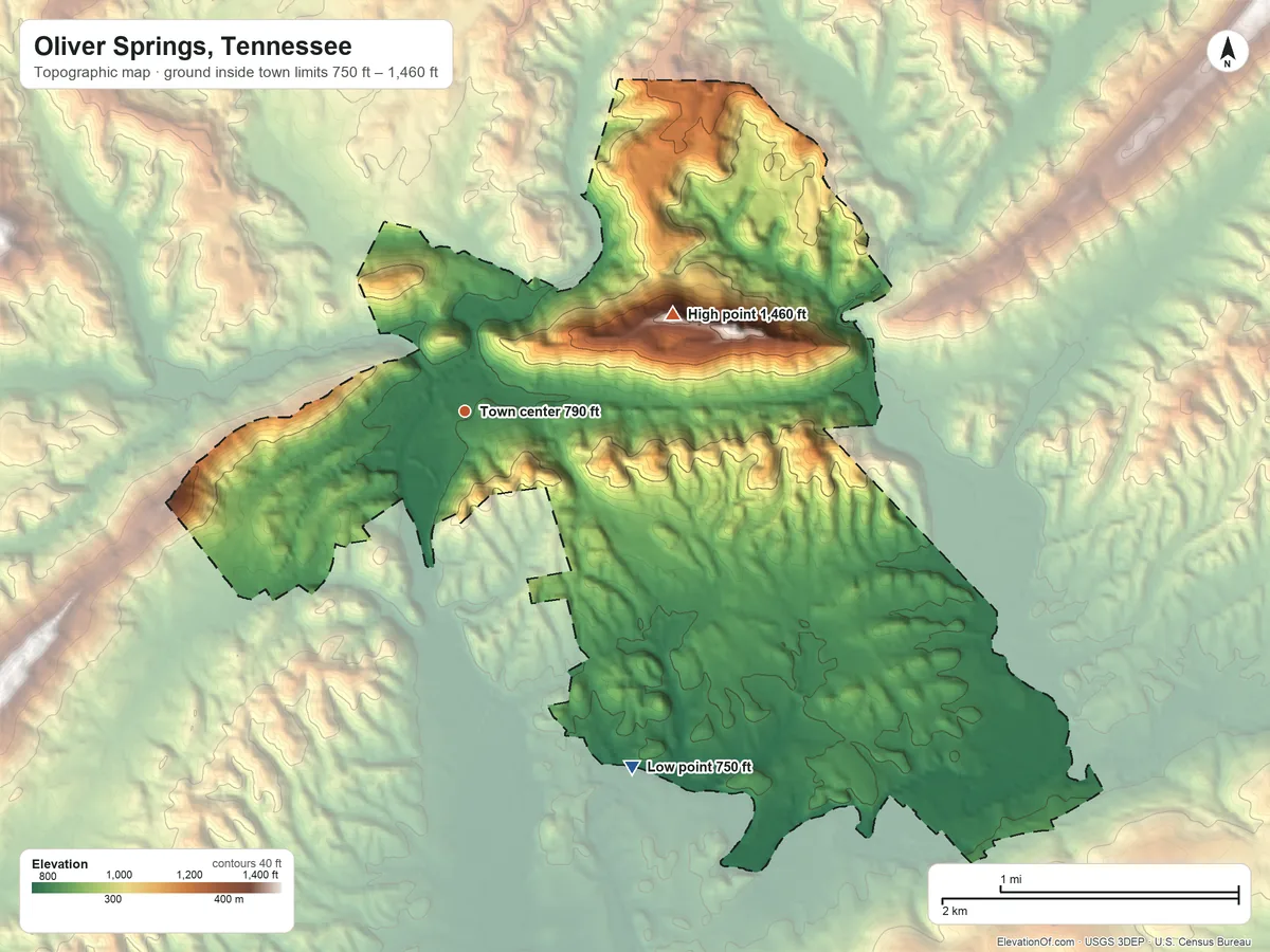 Topographic elevation map of Oliver Springs, Tennessee, shaded from 750 ft on the southeast side to 1,460 ft on the northeast side