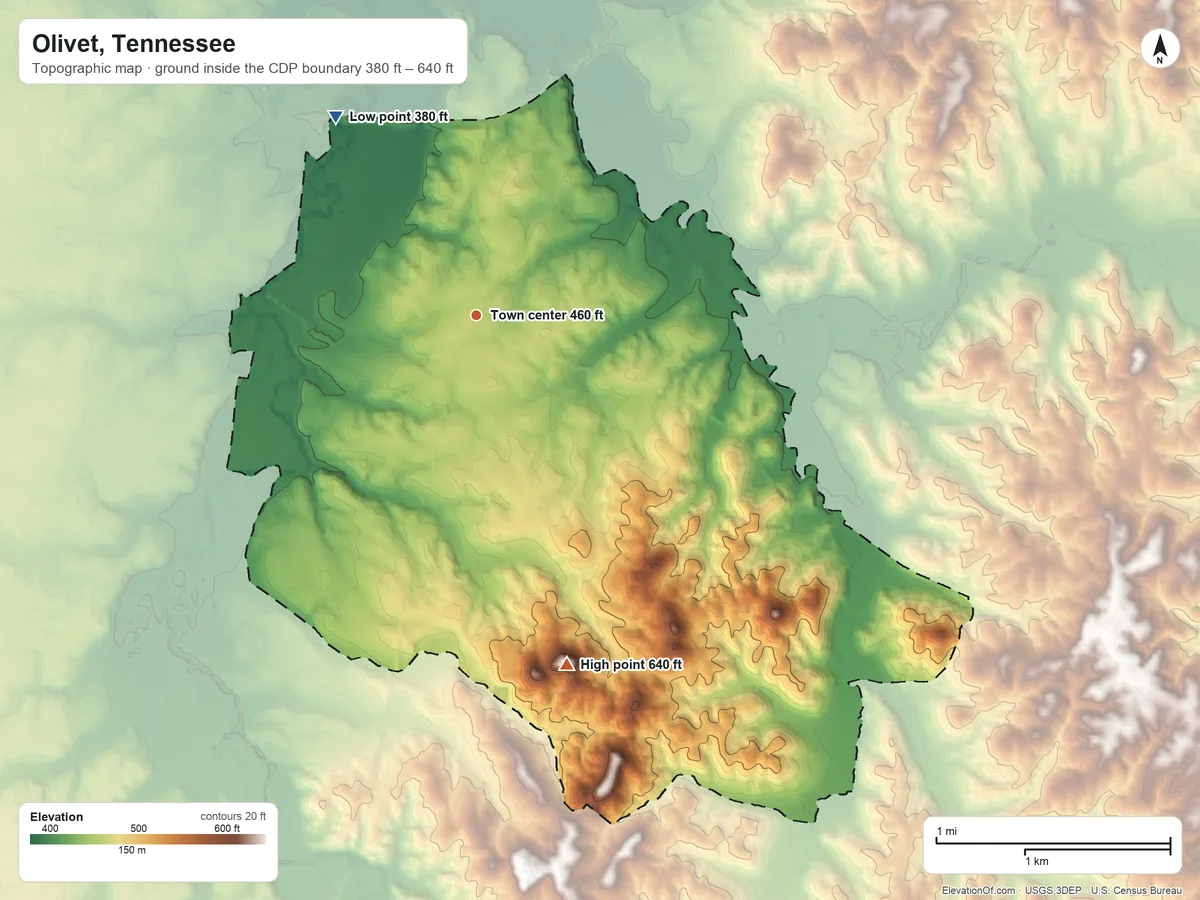 Topographic elevation map of Olivet, Tennessee, shaded from 380 ft on the northwest side to 640 ft on the south side
