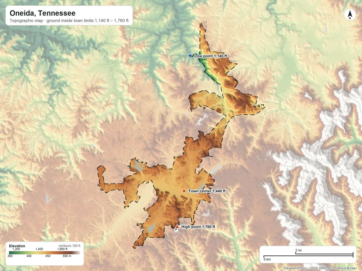 Topographic elevation map of Oneida, Tennessee, shaded from 1,140 ft on the north side to 1,760 ft on the south side