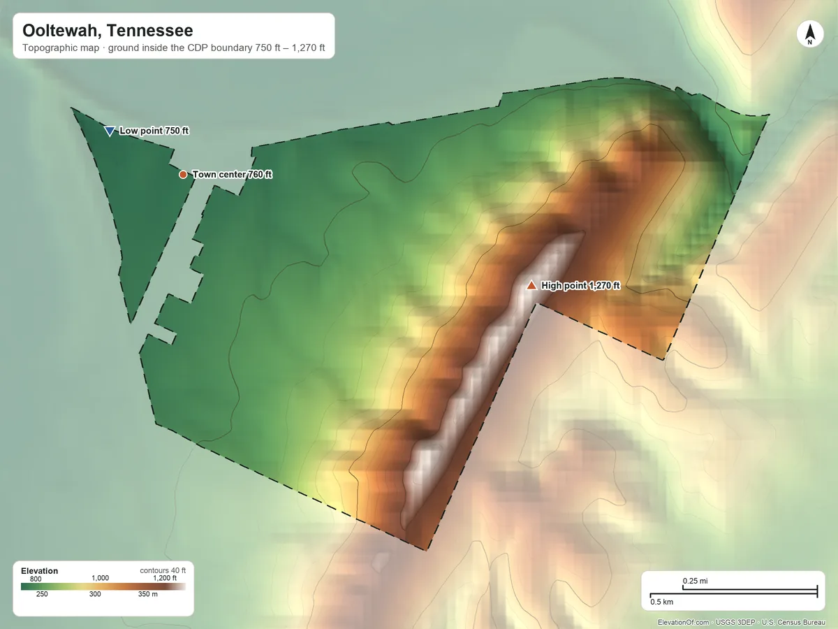 Topographic elevation map of Ooltewah, Tennessee, shaded from 750 ft on the northwest side to 1,270 ft on the east side