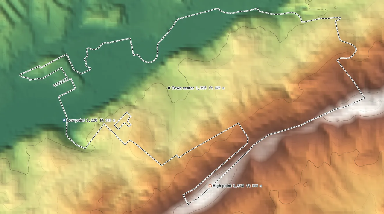 Topographic elevation map of Orebank, Tennessee, shaded from 1,220 ft on the west side to 1,840 ft on the southeast side
