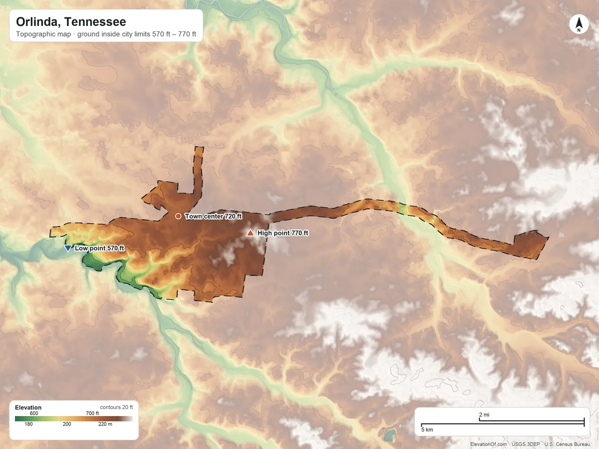 Topographic elevation map of Orlinda, Tennessee, shaded from 570 ft on the west side to 770 ft on the east side