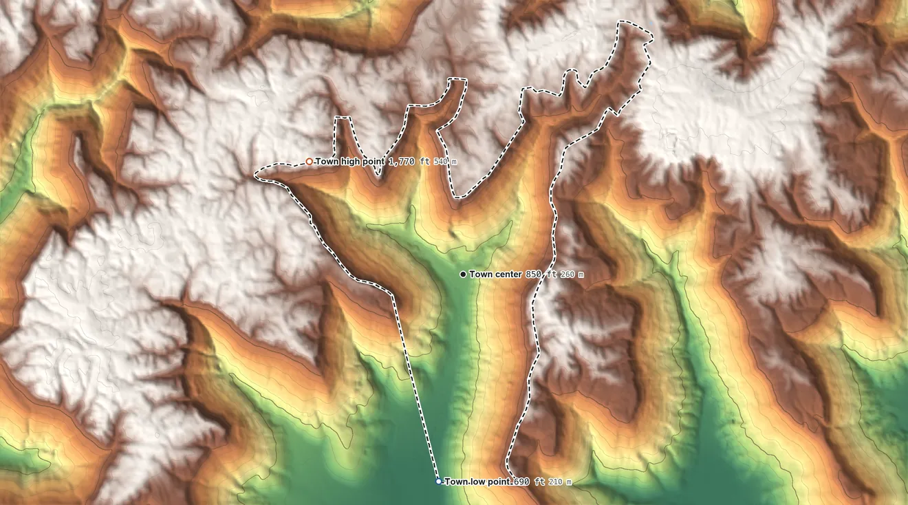 Topographic elevation map of Orme, Tennessee, shaded from 690 ft on the south side to 1,770 ft on the northwest side