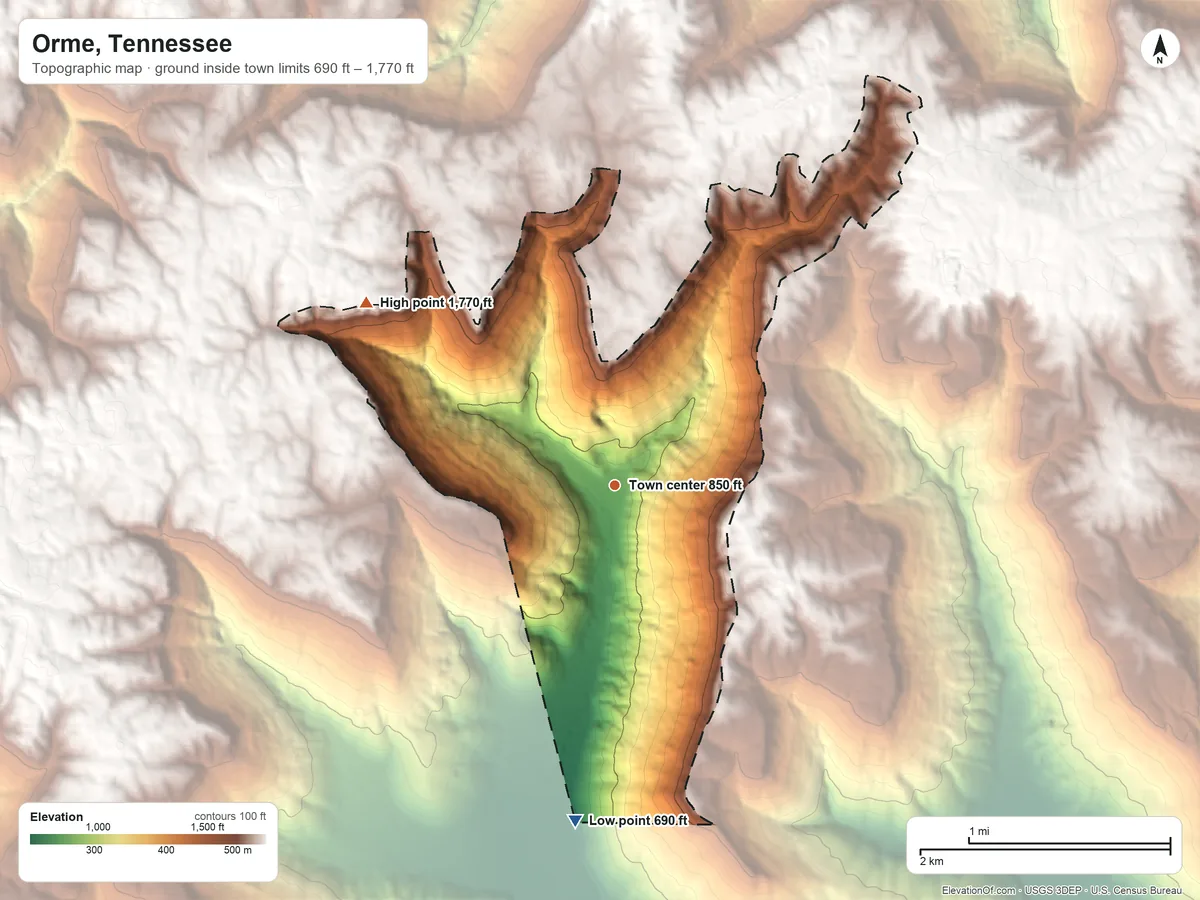 Topographic elevation map of Orme, Tennessee, shaded from 690 ft on the south side to 1,770 ft on the northwest side