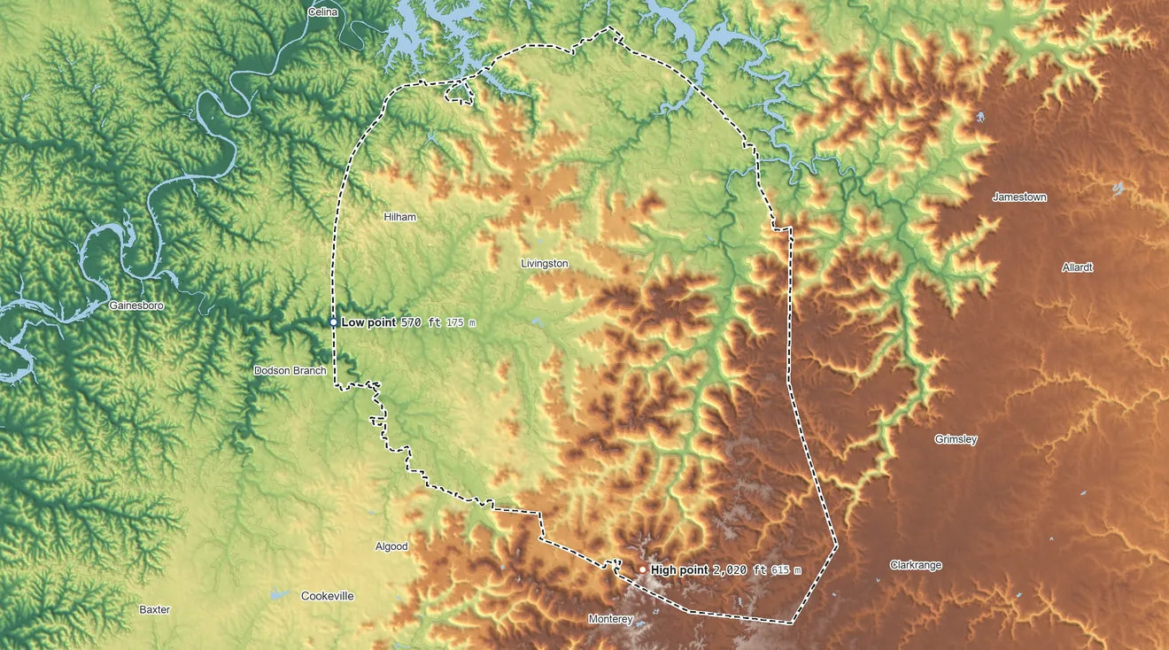 Topographic elevation map of Overton County, Tennessee, shaded from 570 ft on the west side to 2,020 ft on Hampton Mountain