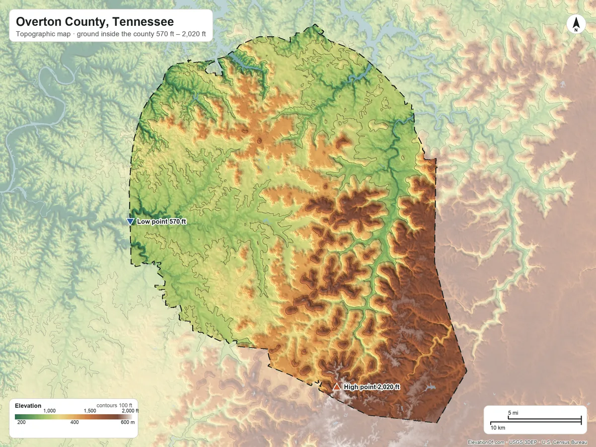 Topographic elevation map of Overton County, Tennessee, shaded from 570 ft on the west side to 2,020 ft on Hampton Mountain