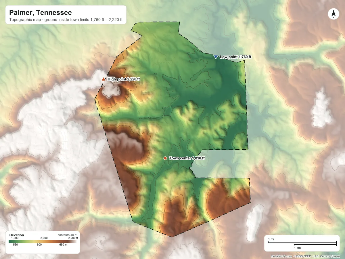 Topographic elevation map of Palmer, Tennessee, shaded from 1,760 ft on the northeast side to 2,220 ft on the northwest side