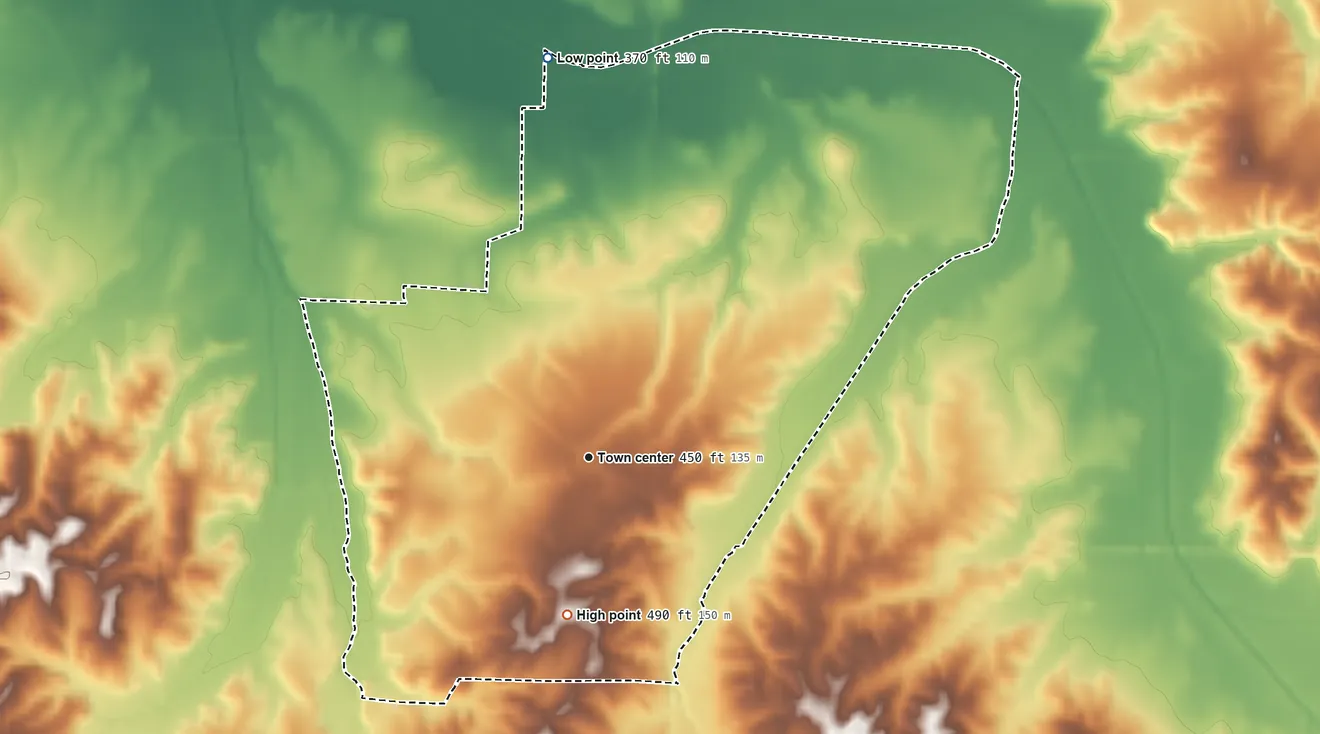 Topographic elevation map of Palmersville, Tennessee, shaded from 370 ft on the north side to 490 ft on the south side