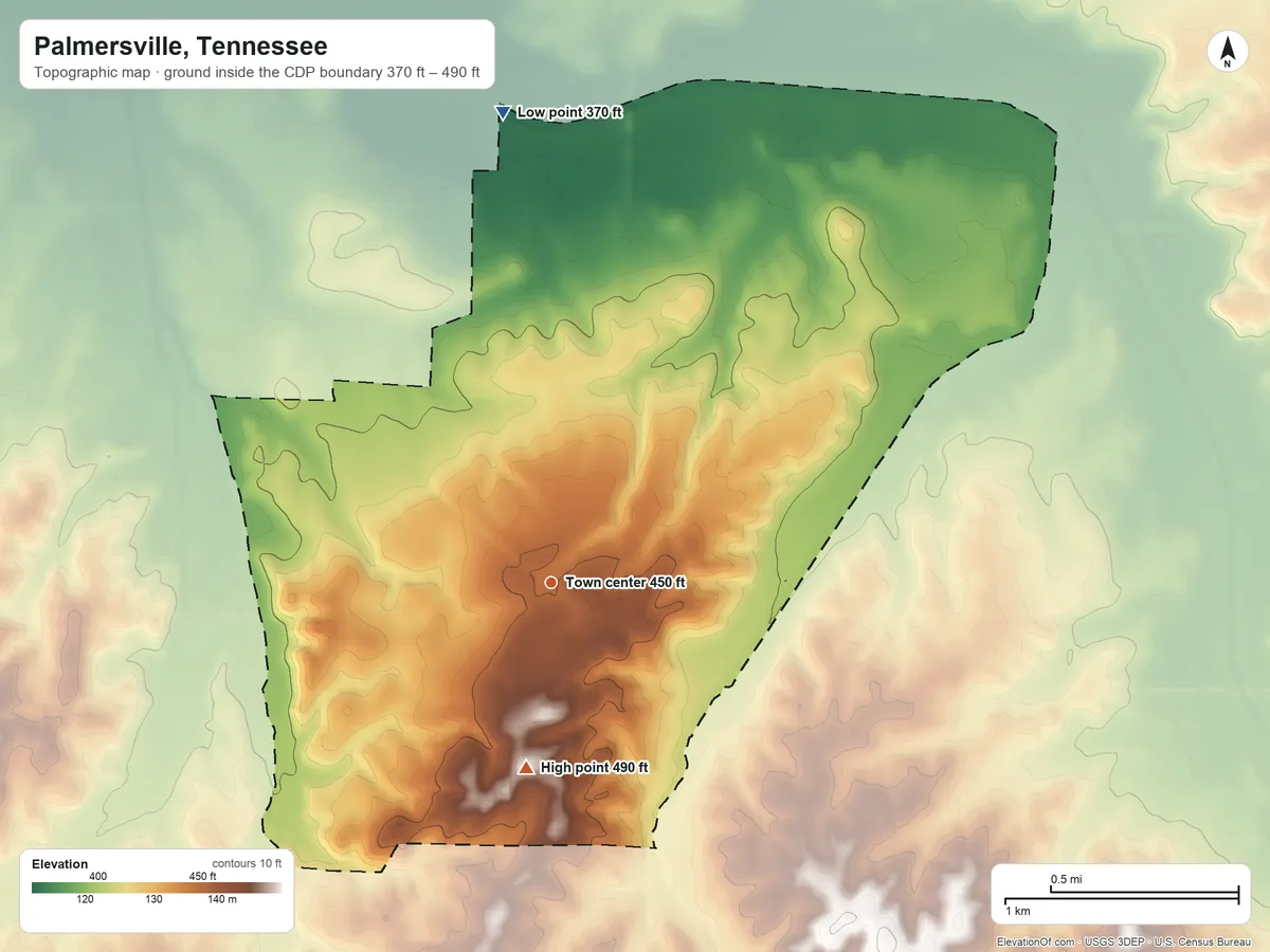 Topographic elevation map of Palmersville, Tennessee, shaded from 370 ft on the north side to 490 ft on the south side