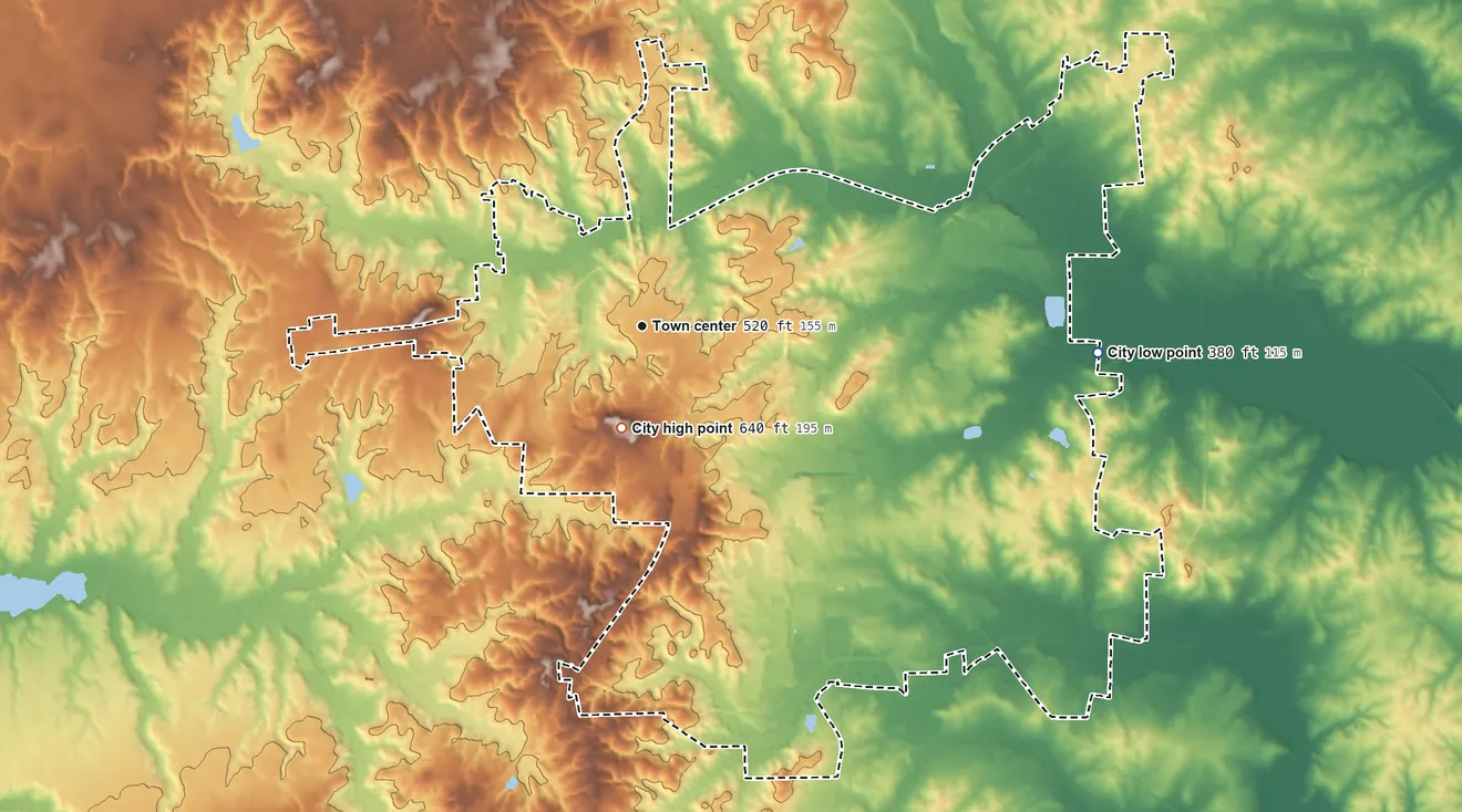 Topographic elevation map of Paris, Tennessee, shaded from 380 ft on the east side to 640 ft near the middle