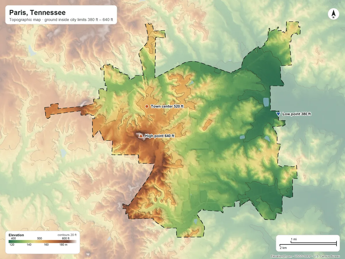 Topographic elevation map of Paris, Tennessee, shaded from 380 ft on the east side to 640 ft near the middle