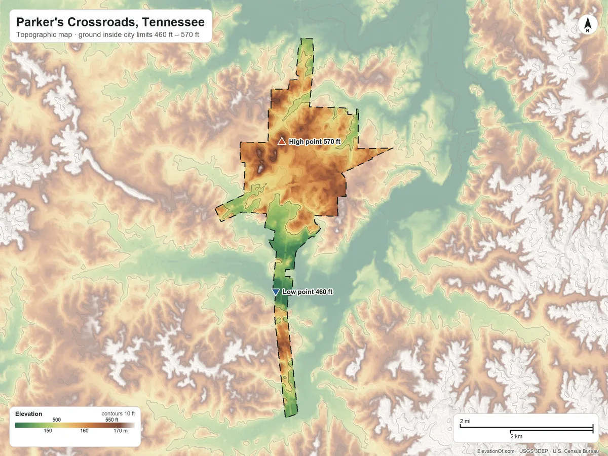 Topographic elevation map of Parker's Crossroads, Tennessee, shaded from 460 ft on the southwest side to 570 ft on the north side
