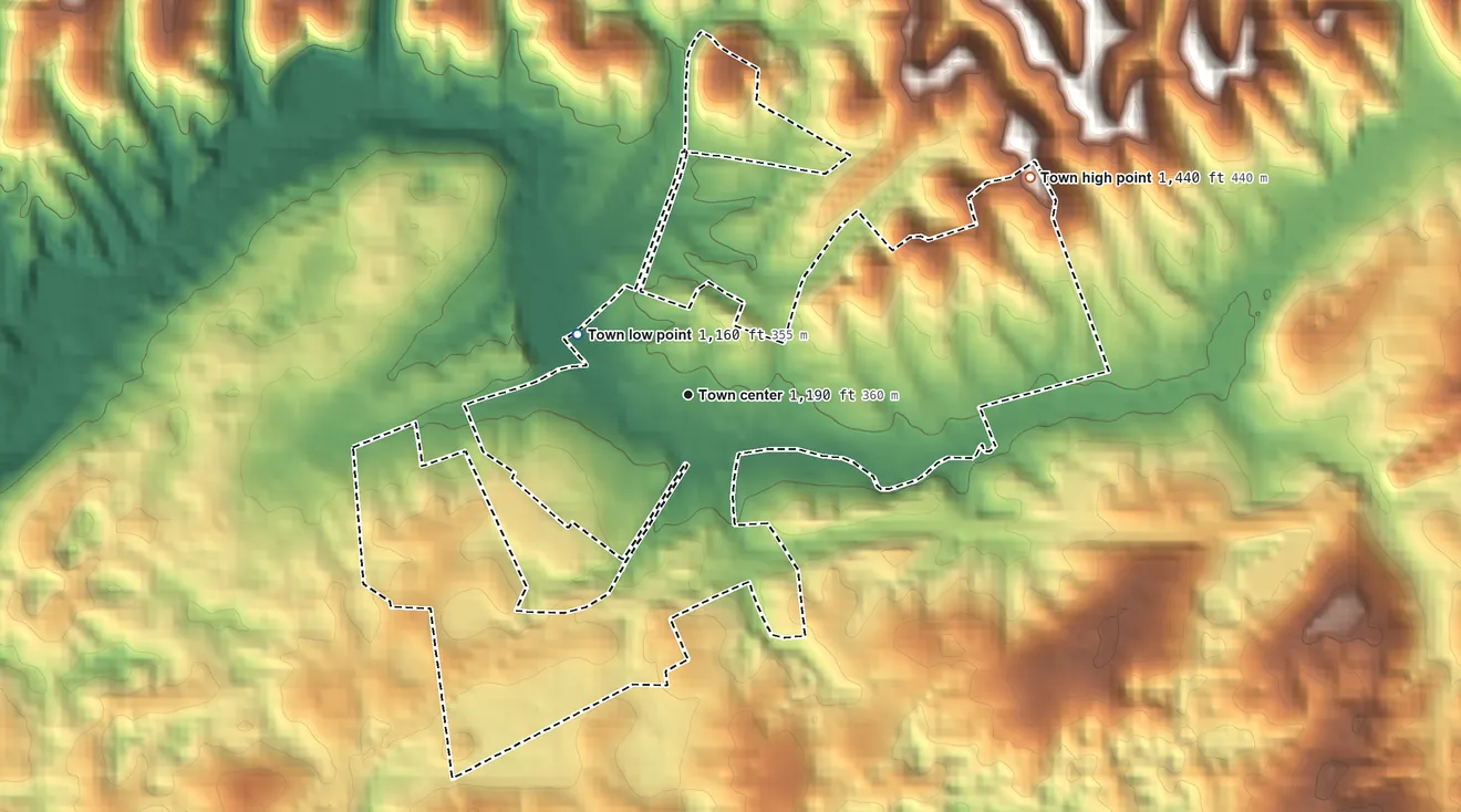 Topographic elevation map of Parrottsville, Tennessee, shaded from 1,160 ft on the northwest side to 1,440 ft on the northeast side