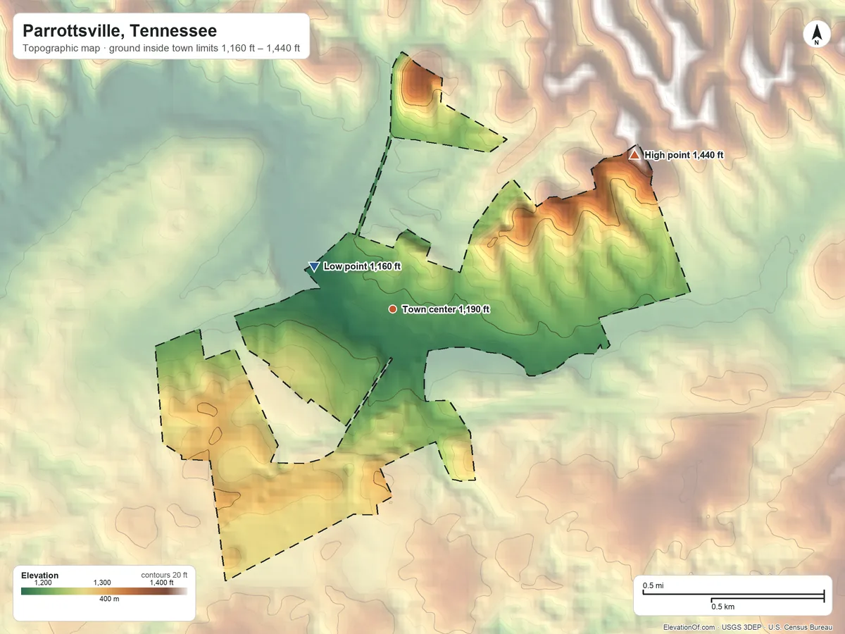 Topographic elevation map of Parrottsville, Tennessee, shaded from 1,160 ft on the northwest side to 1,440 ft on the northeast side