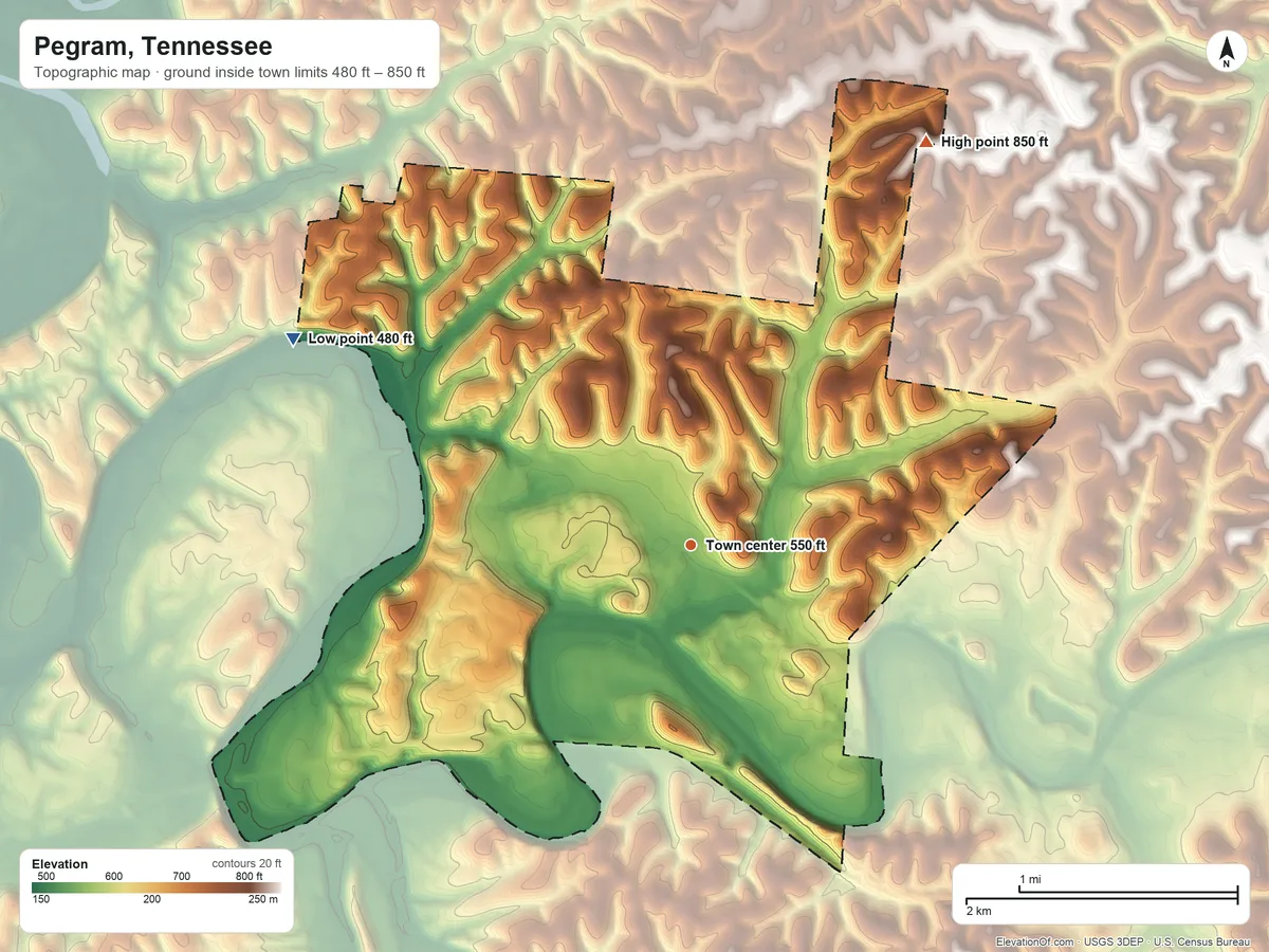 Topographic elevation map of Pegram, Tennessee, shaded from 480 ft on the northwest side to 850 ft on the northeast side